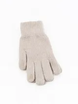Guantes de punto color gris con puño acanalado y puntas de los dedos en un tono gris más oscuro, diseñados para uso táctil.