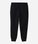 Pantalón deportivo de corte jogger, color negro, con cintura elástica ajustable mediante cordón, bolsillos laterales y puños acanalados en los tobillos. Confeccionado en tejido de algodón con interior felpudo.