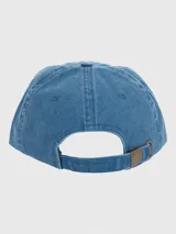 Gorra tipo baseball de algodón orgánico con efecto lavado, color azul, con bordado central de un perro basset hound.