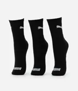 Pack de tres pares de medias de caña media Puma, color negro con textura acanalada, logotipo de la marca en gris en el lateral superior y nombre en blanco en la puntera.