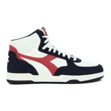 Championes de caña alta Diadora T3 Raptor High Sl, color blanco, azul marino y rojo. Confeccionados en cuero sintético y gamuza, con cordones blancos y suela de goma. Logo de la marca en el lateral y en la lengüeta.