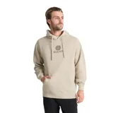 Canguro con capucha y cordones ajustables, color beige, con bolsillo frontal tipo canguro y estampado gráfico de la marca Roark en el pecho.