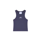 Musculosa de canalé azul marino con cuello redondo y el logo de la marca estampado en el pecho en color blanco.