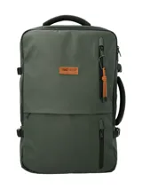 Mochila maletín de diseño versátil en color verde oscuro, confeccionada en poliéster reciclado repelente al agua. Cuenta con tres compartimentos principales con cierre, espacio interior para laptop de 15 pulgadas, múltiples bolsillos frontales con cierre, asa lateral para uso como maletín, correas ajustables y panel trasero acolchado.