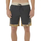Short de baño Rip Curl modelo Aots Ty Williams, color negro con cintura beige y estampado abstracto en tonos ocre en la parte inferior.