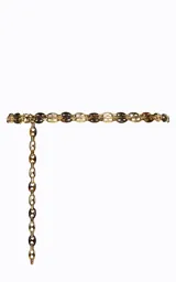 Cinturón de cadena para mujer elaborado en metal y acrílico, con eslabones ovalados bicolor en tonos dorados y carey, caída flexible y detalle de cadena colgante en el lateral.