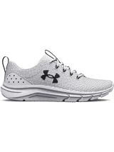 Championes de running Under Armour modelo Phade RN 2, color blanco con detalles en negro. Presentan una parte superior de malla ligera y transpirable, entresuela con amortiguación de EVA y suela de goma resistente con ranuras flexibles.