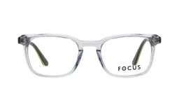 Armazón de anteojos recetados Focus Premium, con marco de acetato transparente y patillas con detalle interno en color verde lima.