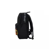 Mochila negra con estampado del logo de Santa Cruz en llamas en el bolsillo frontal.