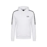 Canguro con capucha EA7 Emporio Armani, color blanco, con bolsillo frontal tipo canguro y bandas laterales en las mangas con detalles de logo. Presenta el logo de la marca estampado en el pecho.