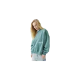 Buzo cerrado oversize de color verde, con cuello redondo y estampa tipográfica blanca en la espalda.