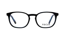 Lentes de armazón óptico Focus Premium, modelo 4181, con marco de acetato negro y detalles en azul en el interior de las patillas.