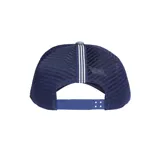 Gorro Adidas tipo trucker color celeste con paneles frontales de espuma y paneles traseros de malla azul marino. Logo de Adidas bordado en blanco en el frente.