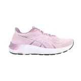 Championes de running Asics modelo Gel-Excite 8, color negro con detalles en lila y blanco. Presentan tecnología AmpliFoam en la entresuela para mayor amortiguación y diseño de malla transpirable.