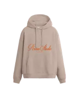 Hoodie color beige con capucha, cordones ajustables y bolsillo tipo canguro. Estampa bordada en el frente con la leyenda "Poona Studio".
