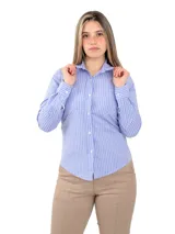 Camisa de manga larga a rayas verticales azules y blancas, confeccionada en algodón.