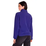 Buzo polar azul con cuello alto y cierre de botones a presión. Tiene un bolsillo tipo canguro y logo de Caterpillar bordado en el pecho. Los puños y el dobladillo son elásticos.