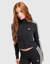 Campera deportiva Adidas Originals de corte entallado y corto, color negro con cierre frontal completo y cuello alto. Presenta las clásicas tres tiras blancas en las mangas y el logotipo Trefoil bordado en el pecho.