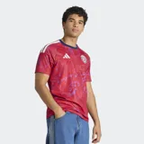 Camiseta de fútbol Adidas de la selección de Costa Rica, modelo Primera Equipación 26. Diseño principal en rojo con estampado abstracto en tonos morados/rosados. Presenta cuello redondo en azul marino y las tres bandas de Adidas en los hombros en blanco. Incluye el escudo de la federación costarricense.