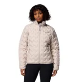 Campera técnica de plumón para mujer, con tecnología Omni-Heat reflectante y construcción HeatSeal sin costuras. Presenta diseño acolchado con patrón geométrico, cierre frontal completo, cuello alto con protector de barbilla y bolsillos laterales con cierre.