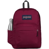 Mochila Jansport Superbreak Plus color bordó, con compartimento principal amplio, bolsillo frontal con cierre y organizador, y bolsillo lateral portabotella. Cuenta con asa superior y correas ajustables para los hombros.