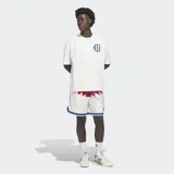 Remera Adidas de corte holgado, color blanco, con cuello redondo y estampado gráfico en el frente y la espalda que incluye el logo del trébol y motivos de básquetbol.