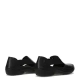 Sandalias tipo zueco de cuero negro con diseño calado y costuras en forma de rombos. Presenta paneles laterales elásticos y suela de goma antideslizante.