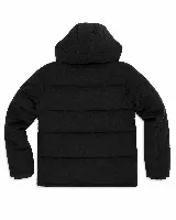 Campera puffer con capucha, confeccionada en pana de textura acanalada color verde militar. Presenta cierre frontal con botones a presión y logo de la marca bordado en el pecho.