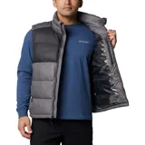 Chaleco acolchado Columbia modelo Pike Lake II, con diseño bicolor en tonos gris oscuro y gris claro. Cuenta con cierre frontal completo, cuello alto, bolsillos laterales con cremallera y tecnología termorreflectante Omni-Heat en el interior.