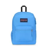 Mochila JanSport color celeste, modelo Cross Town. Cuenta con un compartimento principal grande, un bolsillo frontal con organizador interno, un bolsillo lateral para botella de agua, panel trasero acolchado y correas de hombro acolchadas.