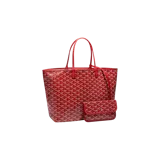 Cartera tipo tote bag Goyard modelo Saint Louis Tote PM, en color rojo con el clásico monograma estampado de la marca. Incluye asas superiores de hombro y un monedero o neceser desmontable adjunto con solapa y cierre de botón a presión.