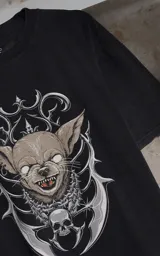 Remera de algodón color negro con efecto lavado, corte oversize y estampa frontal de un chihuahua con estética gótica y calavera.