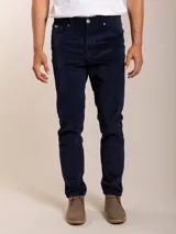 Pantalón de pana de corte regular, color azul marino, con cierre de botón y cremallera, y bolsillos laterales y traseros.