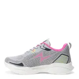 Championes deportivos de mujer en color azul marino con detalles en rosa y celeste. Presentan un diseño de malla transpirable, cierre con cordones y suela blanca con textura alveolar.