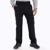 Pantalón de trekking desmontable negro, de corte recto, con cintura elástica, cinturón ajustable incorporado y bolsillos con cierre.