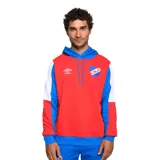 Canguro deportivo Umbro del Club Nacional de Football, con capucha y bolsillo tipo canguro. Diseño con bloques de color rojo, blanco y azul. Incluye logo de Umbro y escudo del club en el pecho.