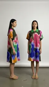 Vestido camisero de corte recto con cuello polo y estampado artístico con motivos florales en tonos verde, rosa, azul y amarillo.