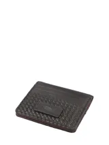 Tarjetero plegable Rockford de cuero natural color marrón, con diseño trenzado en la parte inferior y ranuras para tarjetas en el exterior.