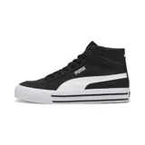 Championes de media caña Puma Court Classic Vulc Mid, color negro con detalles en blanco, franja lateral característica de la marca y suela vulcanizada con líneas decorativas.