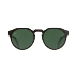 Lentes de sol redondos con marco de madera color marrón oscuro y lentes verdes.
