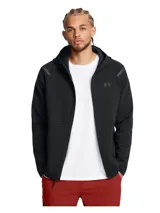 Campera deportiva con capucha Under Armour modelo Unstoppable, color negro, con cierre frontal completo y bolsillos laterales con cierre. Confeccionada en tejido polar de doble punto con mangas raglán.