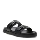 Sandalias planas color negro con dos tiras anchas en el empeine, cada una con hebilla metálica plateada ajustable. Poseen suela con ligera plataforma y diseño texturizado en el borde.