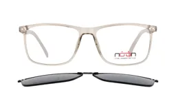 Anteojos de receta con armazón de acetato transparente en tono grisáceo, de forma rectangular. Incluye un clip-on magnético polarizado de color negro para convertir los anteojos en lentes de sol.