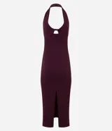 Vestido midi de corte ajustado con diseño frente única, detalle de nudo y recorte en el busto. Confeccionado en tejido texturizado con espalda descubierta.