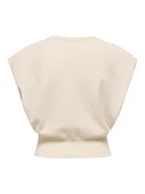 Top de punto acanalado color beige, sin mangas, con cuello redondo y diseño de corte regular.