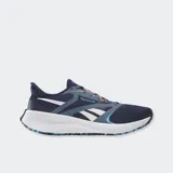 Championes de running Reebok Energen Tech Plus 2, color azul marino con entresuela blanca y detalles en celeste y naranja.