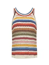 Musculosa tejida a crochet en algodón orgánico y lino, con diseño de rayas multicolor, cuello redondo y tirantes anchos.