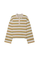 Remera polo de manga larga a rayas horizontales en tonos beige, mostaza y celeste, con cuello camisero y cartera de botones.