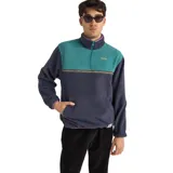 Buzo azul marino y verde con cuello alto con cierre, bolsillo tipo canguro y puños con elástico.