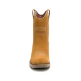 Bota corta de cuero color marrón, con taco cuadrado y punta fina. Presenta costuras decorativas de estilo western en la caña y el empeine. Cuenta con suela de goma.